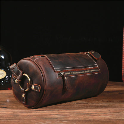 Retro Crazy Horse Leather Round Barrel Genuine Leather Shoulder Men's Messenger Bag