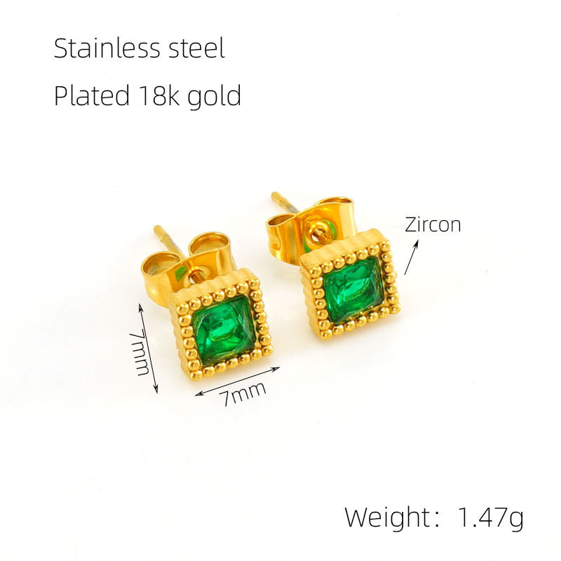 European And American Real Gold Square Zircon Stud Earrings Retro Compact