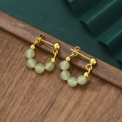 Simple Design Retro Green Beads String Stud Earrings For Women