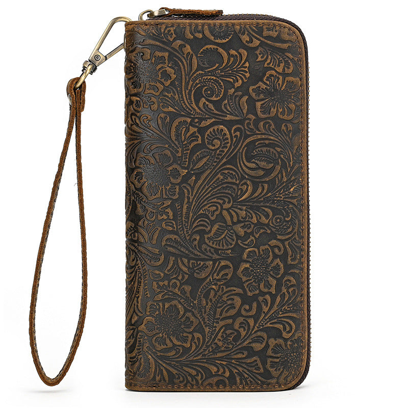 Men's Crazy Horse Leather Retro Embossing Fashion Long Wallet