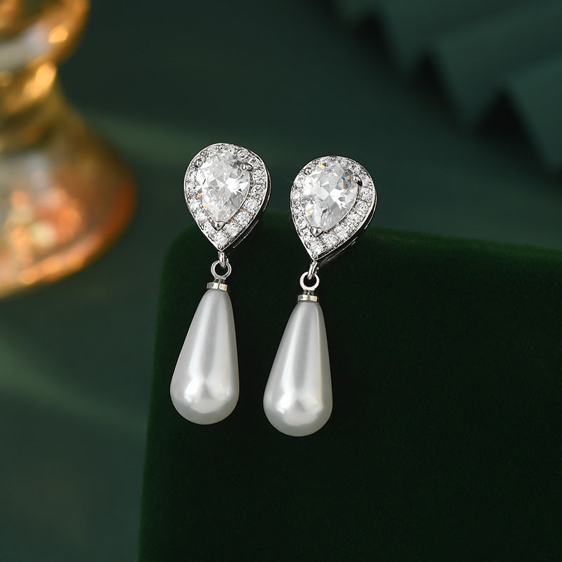 Diamond Water Drop Pearl Eardrops Stud Earrings