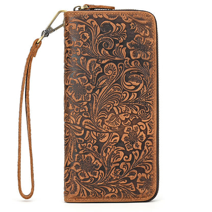 Men's Crazy Horse Leather Retro Embossing Fashion Long Wallet