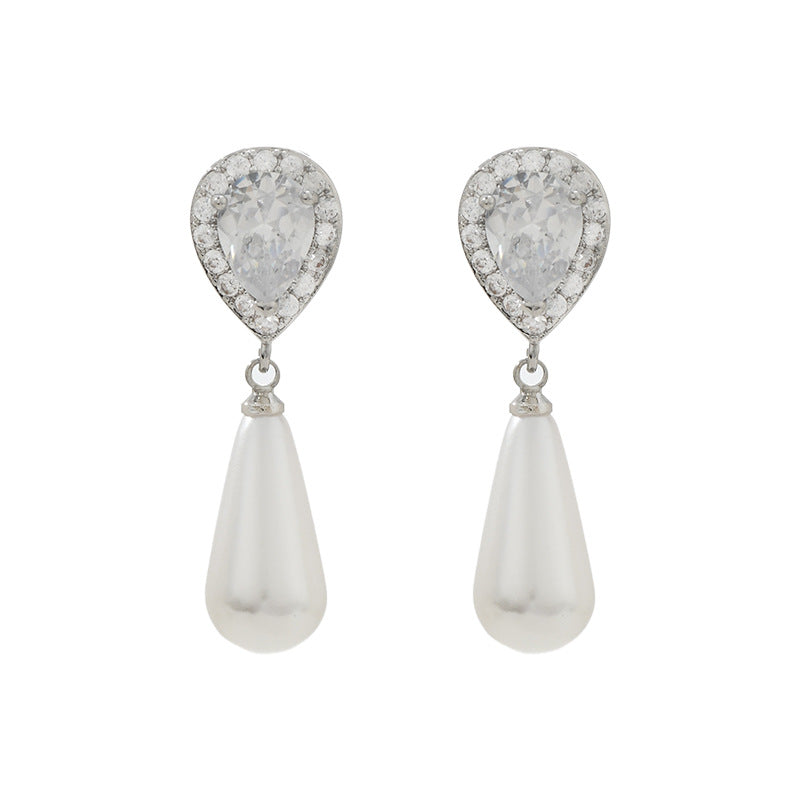 Diamond Water Drop Pearl Eardrops Stud Earrings