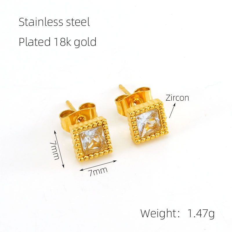 European And American Real Gold Square Zircon Stud Earrings Retro Compact