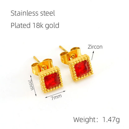 European And American Real Gold Square Zircon Stud Earrings Retro Compact