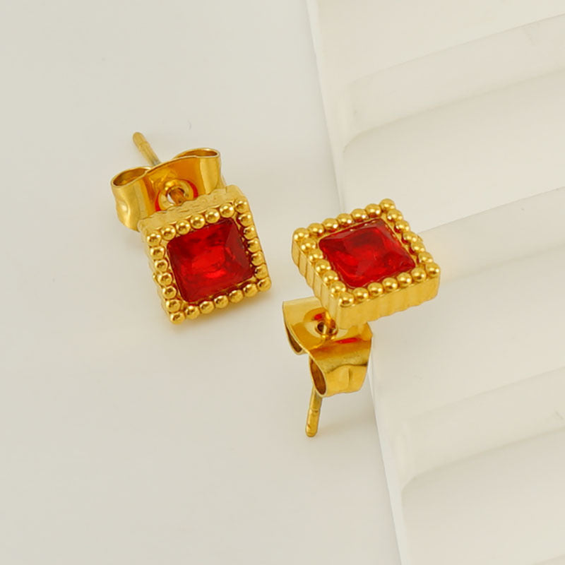 European And American Real Gold Square Zircon Stud Earrings Retro Compact