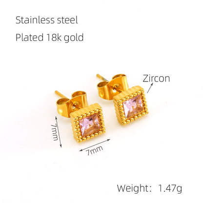 European And American Real Gold Square Zircon Stud Earrings Retro Compact